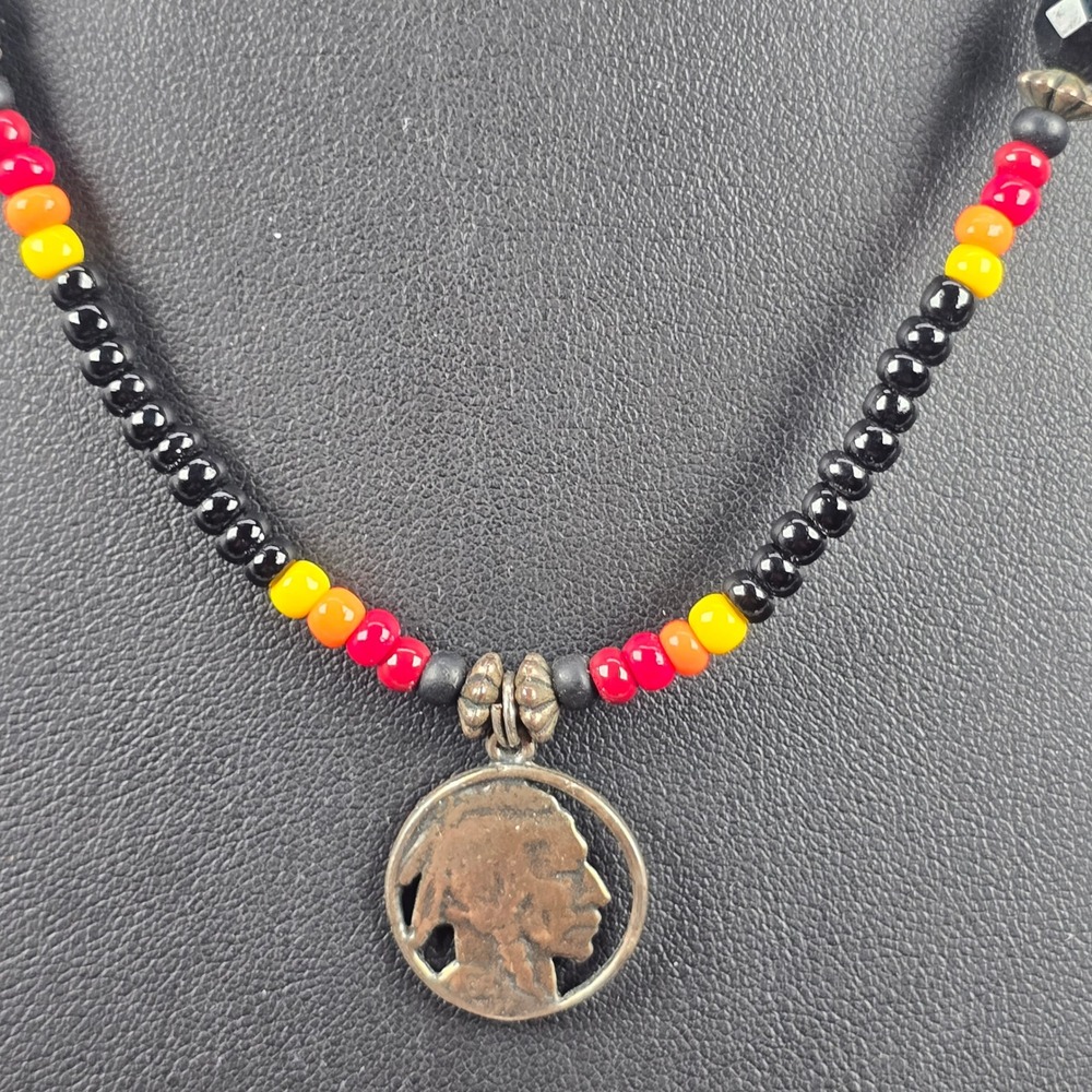 Vintage Buffalo Nickel Cut Out Coin Pendant Beaded Necklace Black Red Yellow 20"